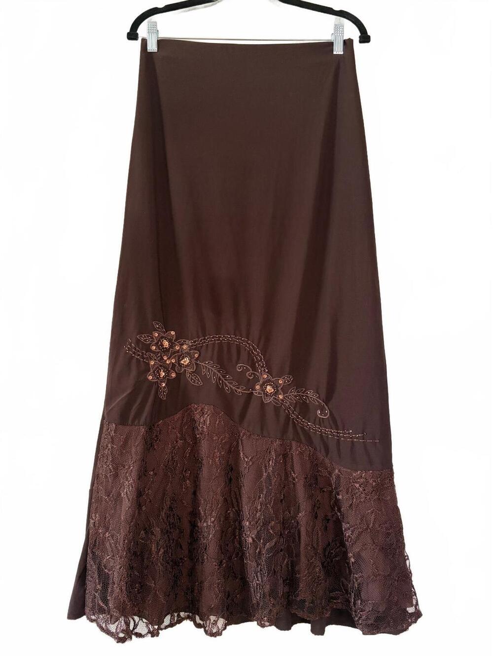 Maxi Skirt Womens Size 2XL Brown Lace Hem Embroidered Beaded